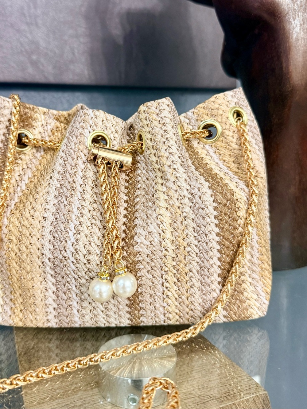 Woven Straw Drawstring Shoulder Bag with Gold Chain - Cream